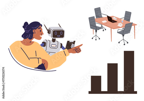 Woman and AI robot interacting, office conference table with notebooks, chart symbolizing progress. Ideal for teamwork, innovation, AI interaction, business strategy, data analysis, collaboration