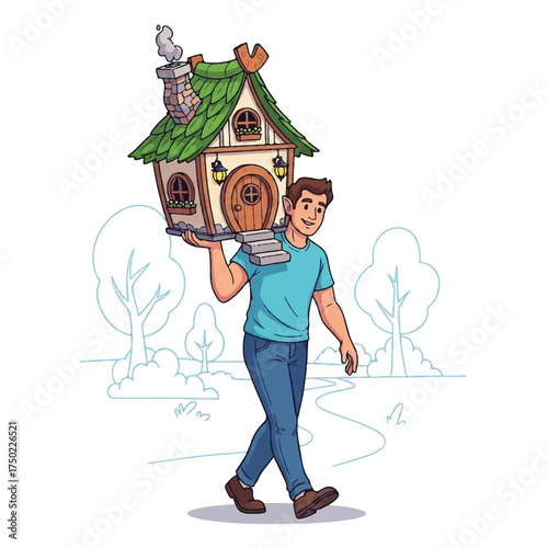 A man walks while holding on his shoulder a miniature fantasy elf house.
