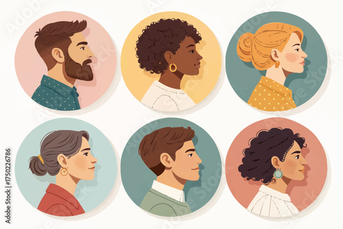 Illustration of six diverse people in profile within circular frames on a white background art design