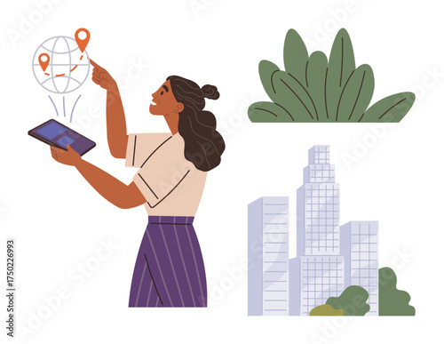 Woman interacts with global map on tablet, location pins above, leafy greenery, urban skyline. Ideal for technology, navigation, sustainability, urban planning, innovation geography teamwork