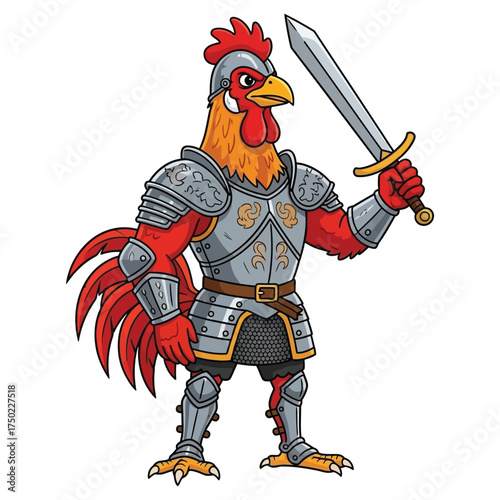 Cartoon Rooster Knight Standing Guard with Sword in Hand Ready to Fight