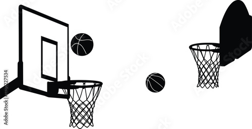 Basketball hoop silhouettes with balls in motion, sports illustration set, game action artwork, athletic design concept, competition and scoring , 