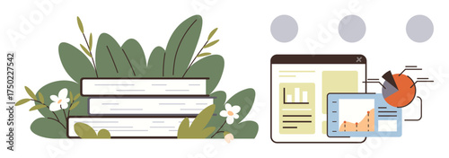 Books stacked amidst greenery, accompanied by data charts, documents, and pie graph tools. Ideal for education, research, analysis, growth learning knowledge nature-inspired themes. Simple flat