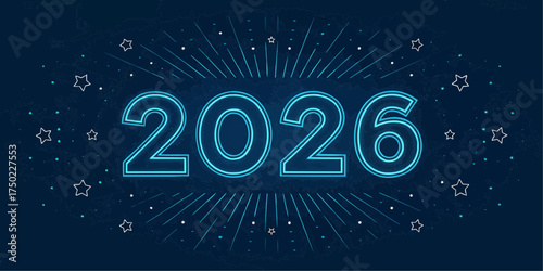 A digital rendering of the year 2026 in neon blue with stars and rays on a dark blue background design
