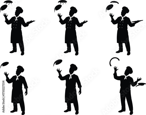 Chef silhouettes juggling kitchen items, culinary profession illustration set, cooking and food preparation artwork, restaurant lifestyle design, playful kitchen concept