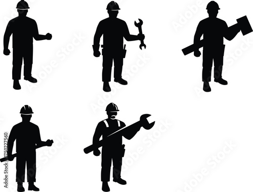 Construction worker silhouettes with tools and hard hats, engineering profession illustration, industrial labor design, infrastructure artwork, occupational role variation