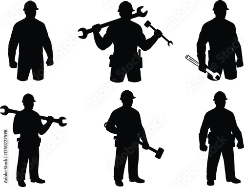 Construction worker silhouettes with tools and hard hats, industrial labor illustration, engineering profession artwork, occupational role variation, infrastructure design concept