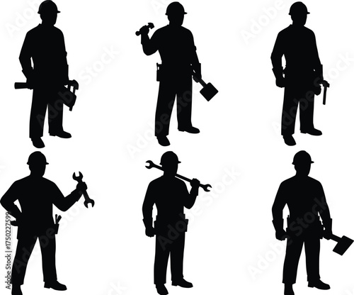 Construction worker silhouettes with tools and hard hats, industrial labor illustration, engineering profession artwork, occupational role variation, infrastructure design concept