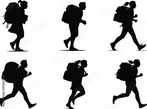 Hiking silhouettes with backpacks, walking traveler illustration set, outdoor exploration artwork, trekking lifestyle design, adventure motion sequence, trave