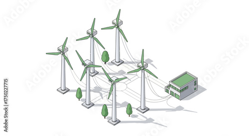 A modern rendering of wind turbines connected to a green energy building