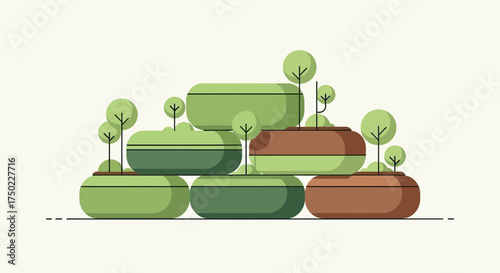 Abstract stacked garden bed with stylized trees minimalistic design
