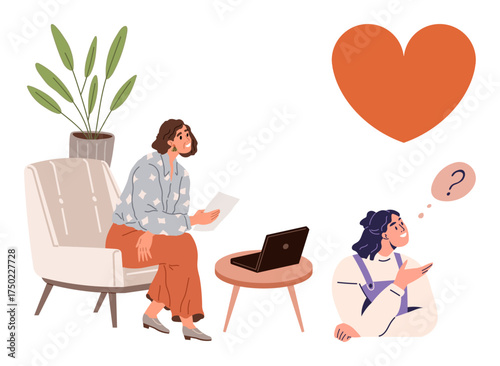 Woman seated reading a document, another lying with a phone, large heart and plant nearby. Ideal for teamwork, relationships, care, communication, mentoring emotions digital life. Simple flat