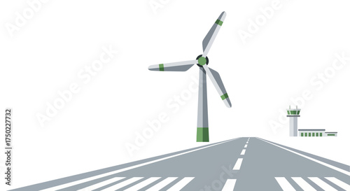 Airport Approach Featuring a Wind Turbine Near the Runway Perspective