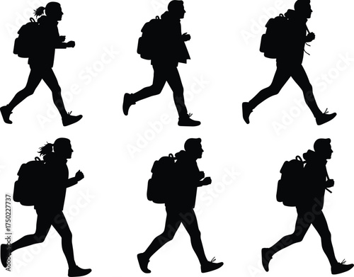 Hiking silhouettes with backpacks, walking traveler illustration set, outdoor exploration concept, 