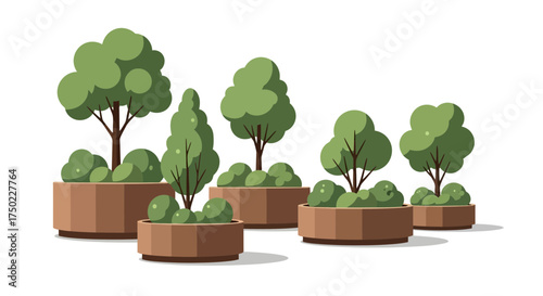 Arrangement of five potted plants in modern style design for garden decor