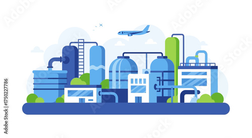 Cartoon illustration of industrial facility with plane and vector graphics