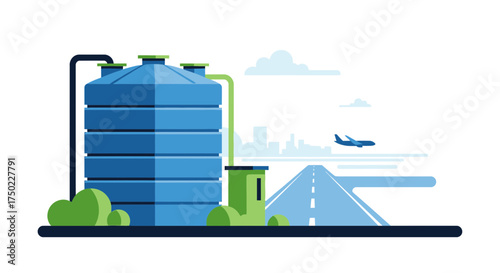 Cityscape illustration with water tank, airplane and airport runway