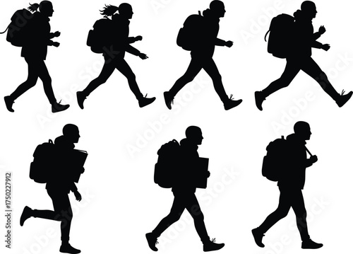 Walking silhouettes with backpacks, commuter and traveler illustration set, outdoor lifestyle artwork, education and urban design, motion sequence concept graphic