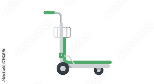 Green and gray luggage cart with handle against white background
