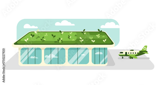 Green airport terminal with vegetation roof and eco-friendly airplane illustration