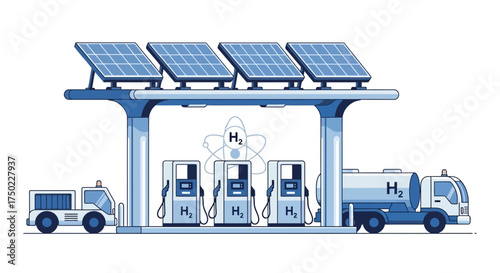 Hydrogen refueling station powered by solar panels clean energy future concept