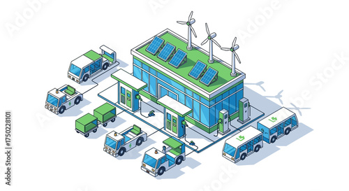 Isometric illustration of electric vehicle charging station with renewable energy