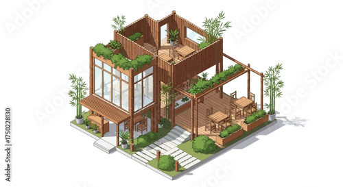 Isometric illustration showcasing a multi-story bamboo eco-cafe design concept