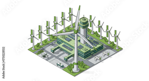 Isometric Illustration showcasing Airport with Renewable Energy Integration