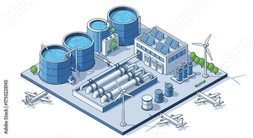 Isometric illustration showcasing a sustainable aviation ecosystem vision