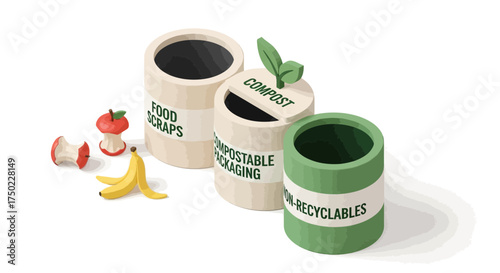Isometric illustration showcasing waste sorting containers for different materials