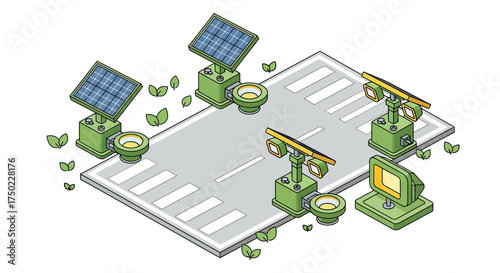 Isometric presentation of solar powered road lights, leaves and pedestrian crosswalk
