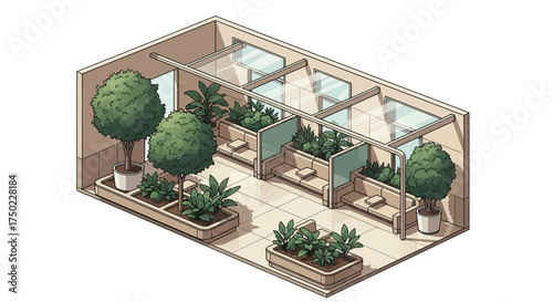 Isometric rendering of a naturally lit office space with integrated planters