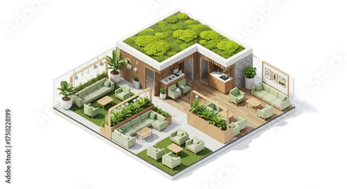 Isometric Rooftop Lounge with Green Space and Modern Design Elements