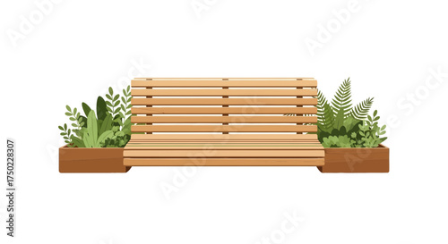 Relaxing outdoor scene with wooden bench and plants in terracotta pots