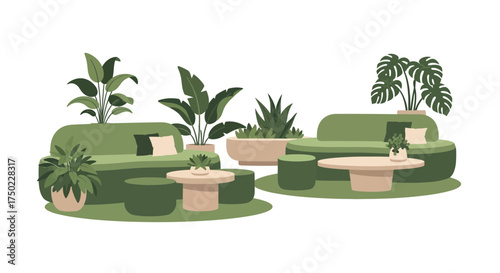 Serene indoor botanical garden with stylish furniture and lush plants