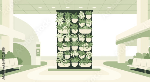 Serene Green Wall Inside Modern Interior Space with Benches and Minimalism