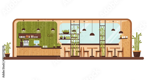 Stylish Asian-inspired Cafe Interior with Bamboo Accents and Serene Ambience