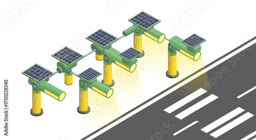 Solar powered streetlight isometric design with crosswalk and road markings