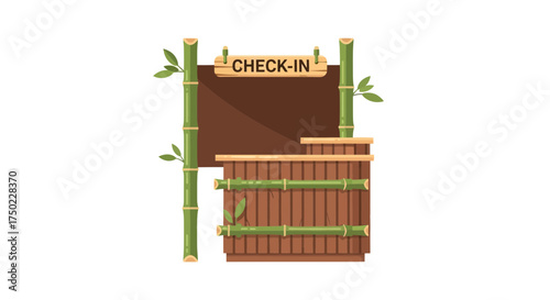 Stylized bamboo check-in counter with natural, minimalist aesthetics