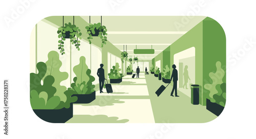 Stylized airport scene with travelers, greenery, and minimalist aesthetic