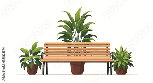 Stylized illustration of wooden bench accompanied by potted green plants