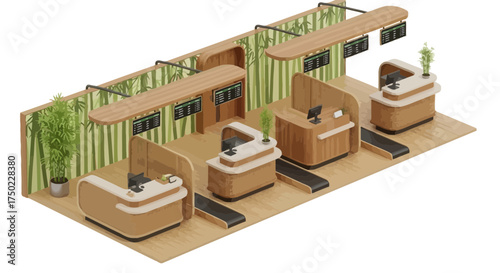 Stylized isometric illustration of modern checkout counters with wooden design