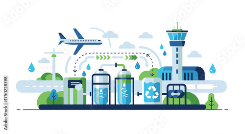 Sustainable airport water management cycle with blue airplane overhead