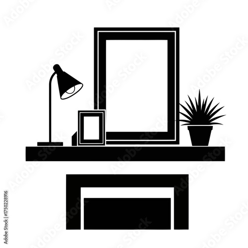 Black silhouette of a mantelpiece with a lamp, two picture frames, and a potted plant, isolated on a