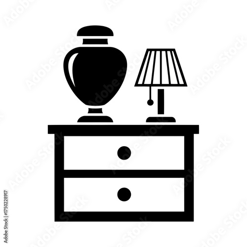 A black and white illustration of a decorative urn and a table lamp placed on top of a twodrawer nightstand, isolated on a