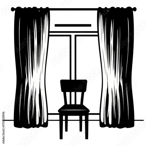 A simple black and white illustration of a chair positioned in front of a window with curtains drawn to the sides