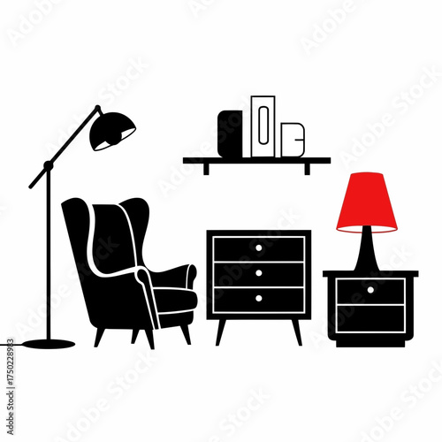 Modern black furniture set including a wingback armchair, chest of drawers, nightstand with red lamp, shelf with decor, and floor lamp