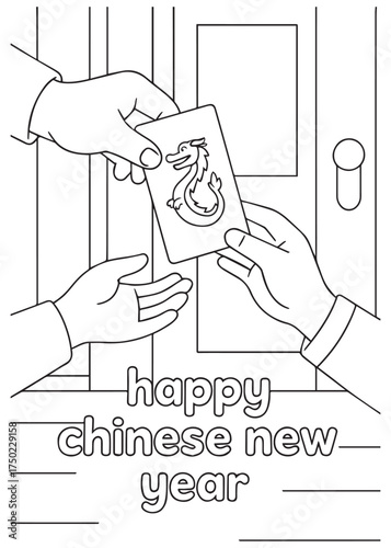 coloring book hand giving envelope at the door for chinese new year