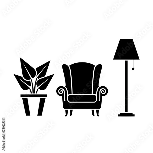 Black silhouette of a potted plant, armchair, and floor lamp
