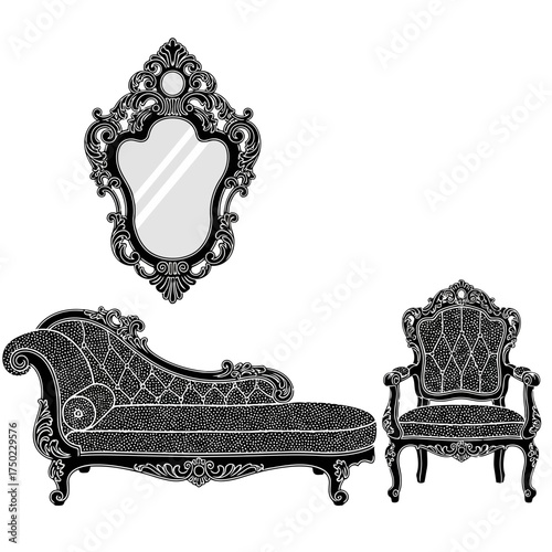 Ornate baroque style chaise lounge, armchair, and mirror
